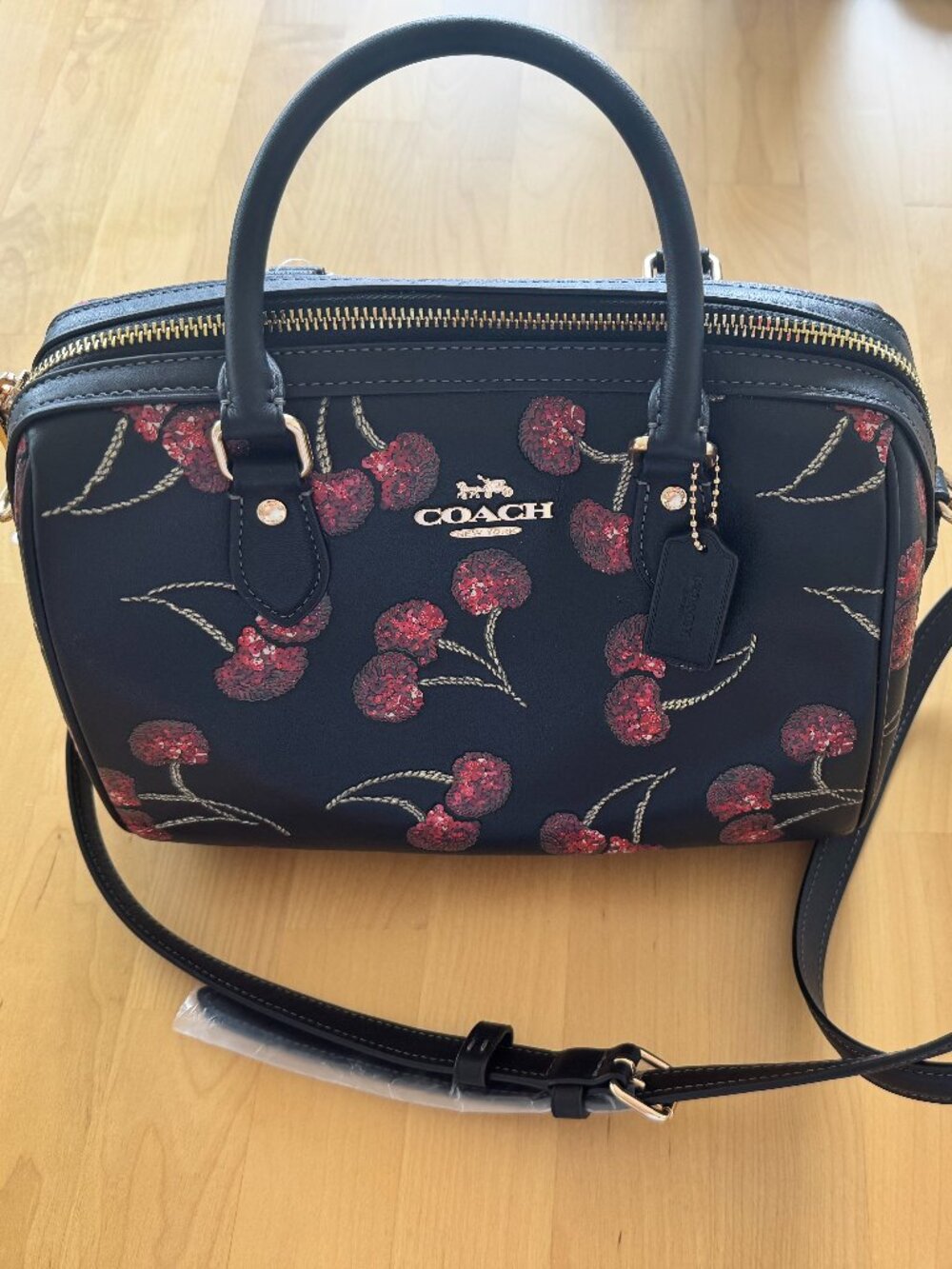 Coach CCZ15 Rowan Satchel Bag in Leather with Cherry Print Black Multi NWT